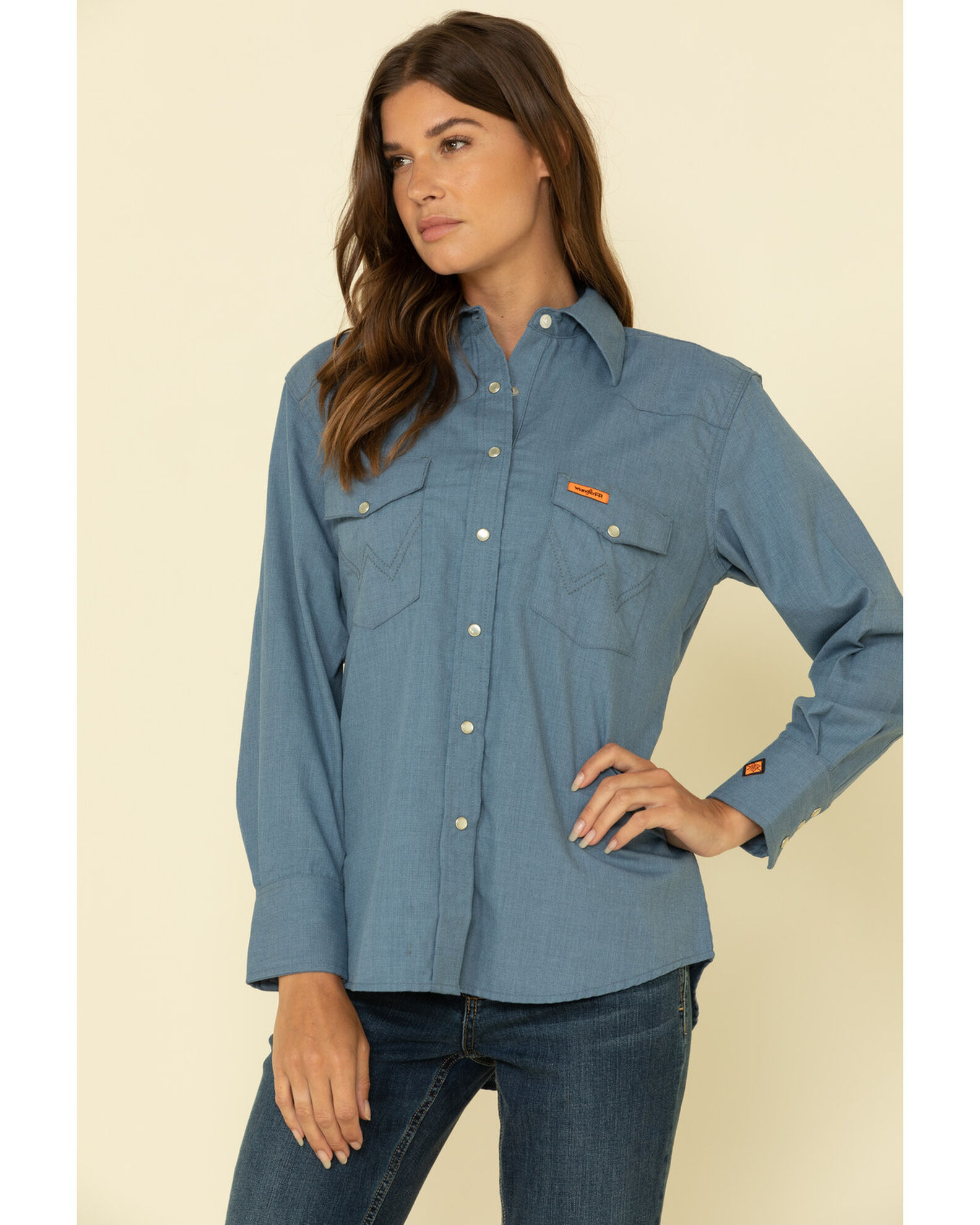 Wrangler Women s FR Blue Snap Long Sleeve Work Shirt Boot Barn