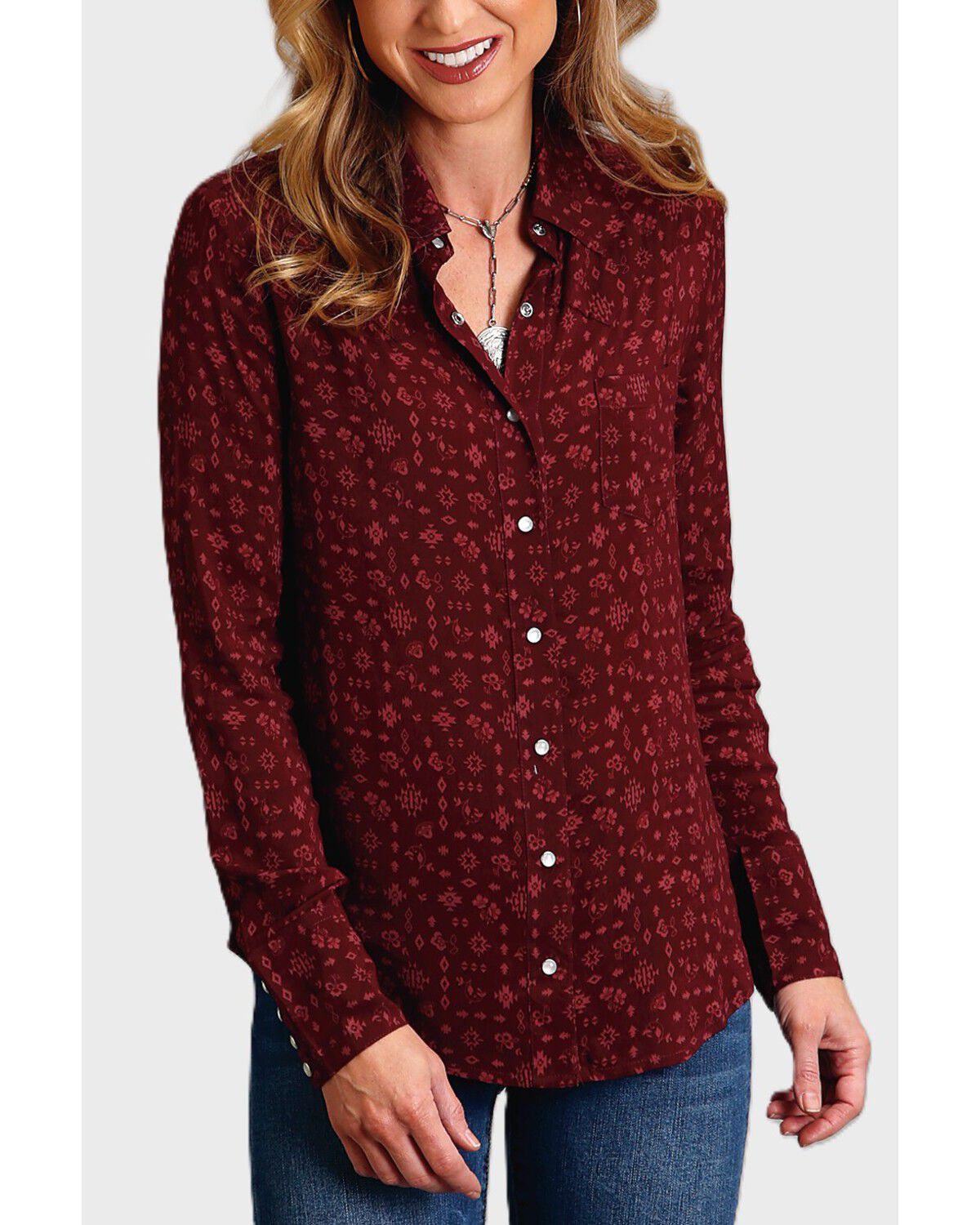Stetson Women's Western Ditsy Printed Long Sleeve Snap Western Shirt, Wine, hi-res