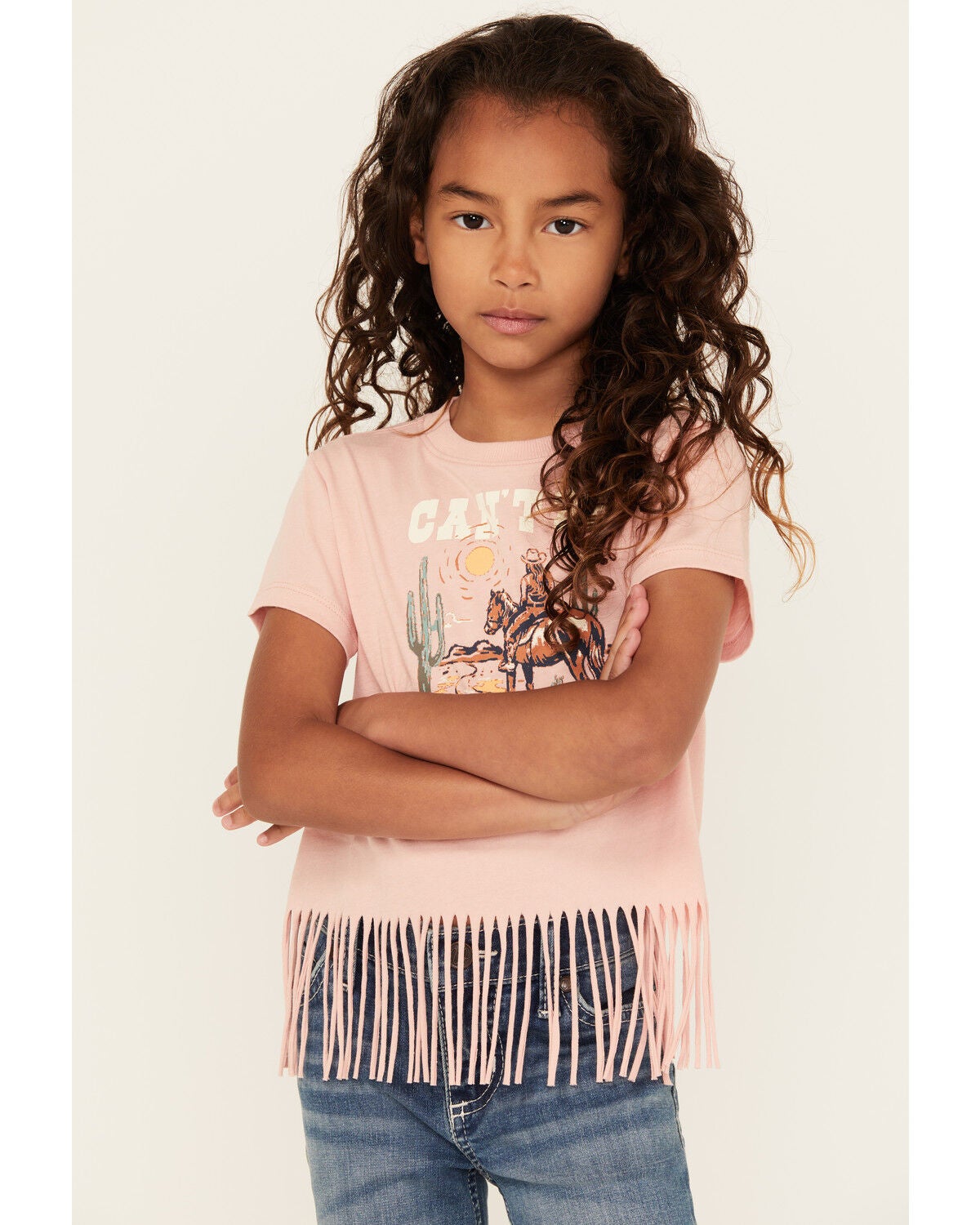 Shyanne Girls' Can't Be Tamed Short Sleeve Fringe Graphic Tee, Light Pink, hi-res