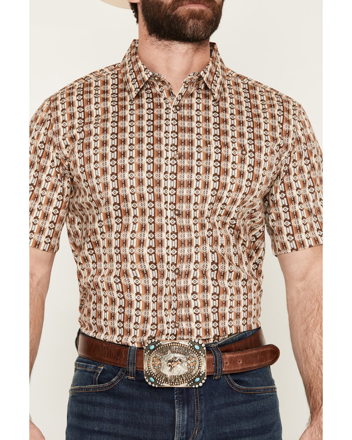 Image #3 - RANK 45&reg; Men's Buffalo Herd Geo Print Short Sleeve Button-Down Stretch Western Shirt, Brown, hi-res