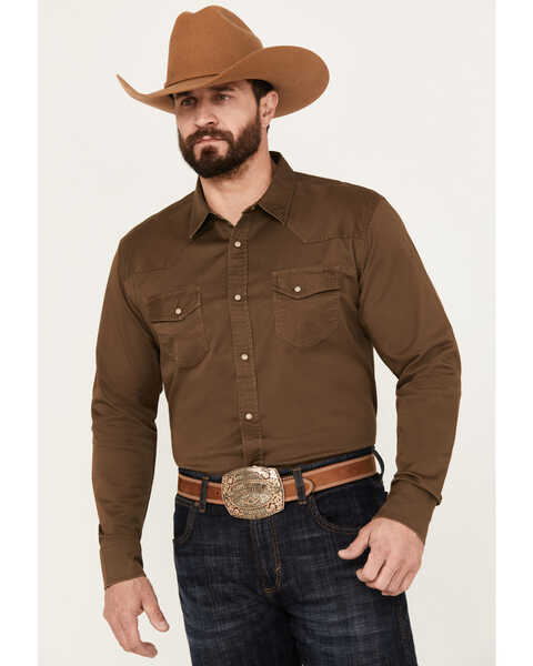 Blue Ranchwear Men's Solid Twill Long Sleeve Snap Stretch Western Shirt, Bark, hi-res