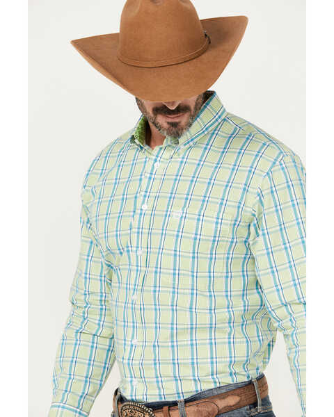 Panhandle Select Men's Plaid Print Long Sleeve Button-Down Western Shirt, Kelly Green, hi-res