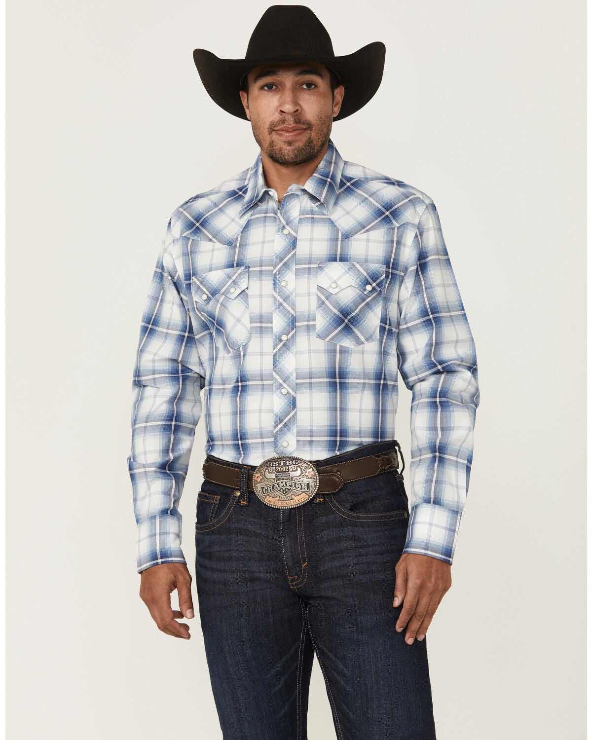 Wrangler Retro Men's Plaid Print Long Sleeve Snap Western Shirt, Blue, hi-res
