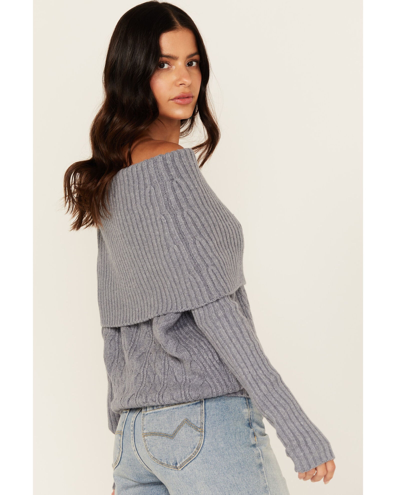 Shyanne Women's Off The Shoulder Cable Knit Sweater, Slate