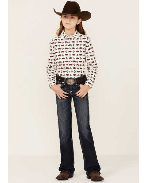 Image #4 - Rock & Roll Denim Girls' Southwestern Buffalo Print Pearl Snap Western Shirt, Natural, hi-res