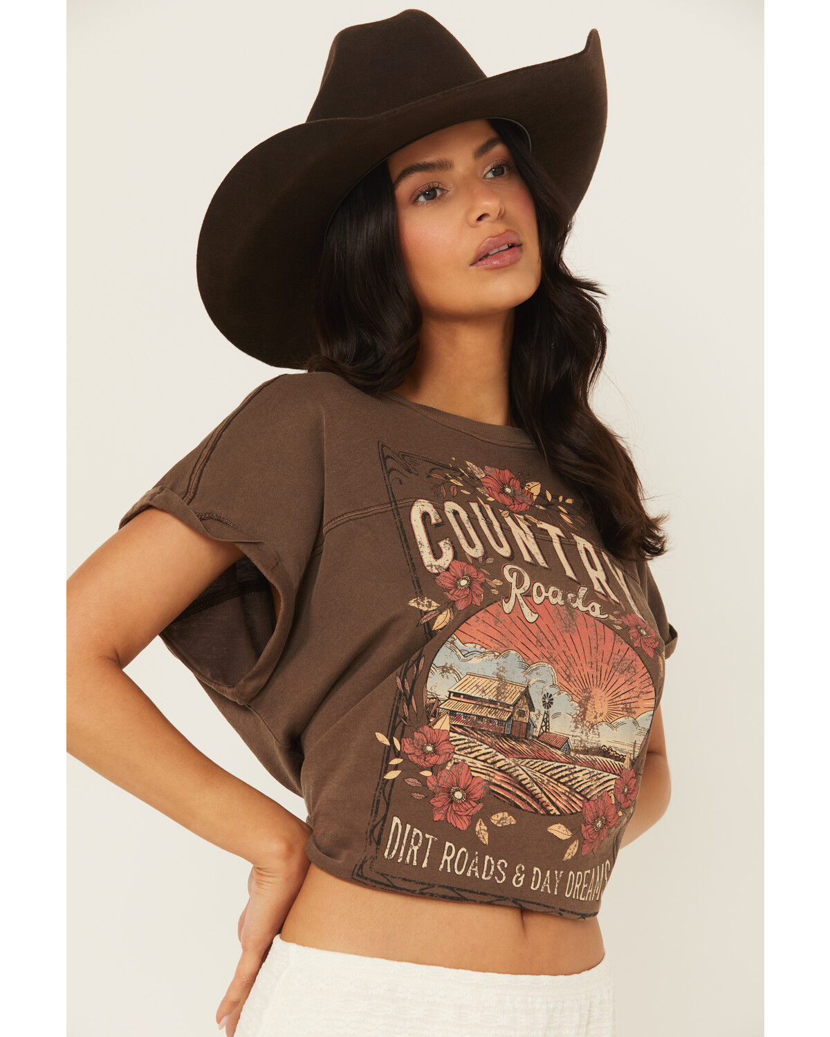 Image #2 - Cleo + Wolf Women's Country Roads Short Sleeve Cropped Graphic Tee, Brown, hi-res