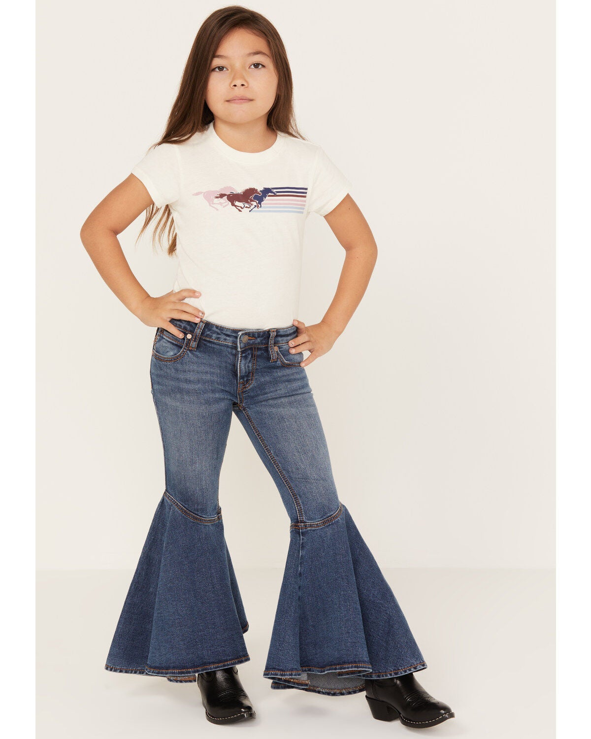 Shyanne Little Girls' Medium Wash Ruffle Trumpet Flare Jeans, Dark Medium Wash, hi-res