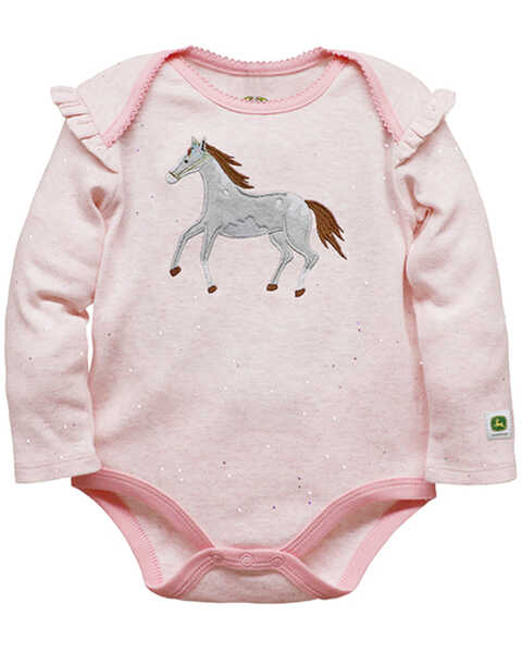 John Deere Infant Girls' Glitter Pony Embroidered Ruffle Long Sleeve Onesie, Pink, hi-res