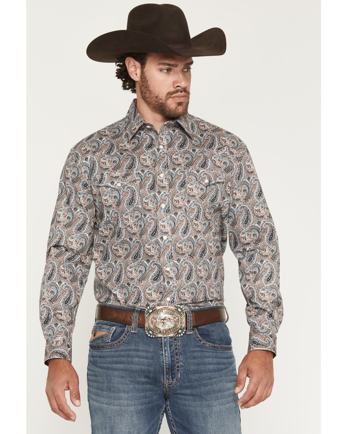 Image #1 - Panhandle Slim Men's Rough Stock Paisley Print Long Sleeve Snap Stretch Western Shirt, Camel, hi-res