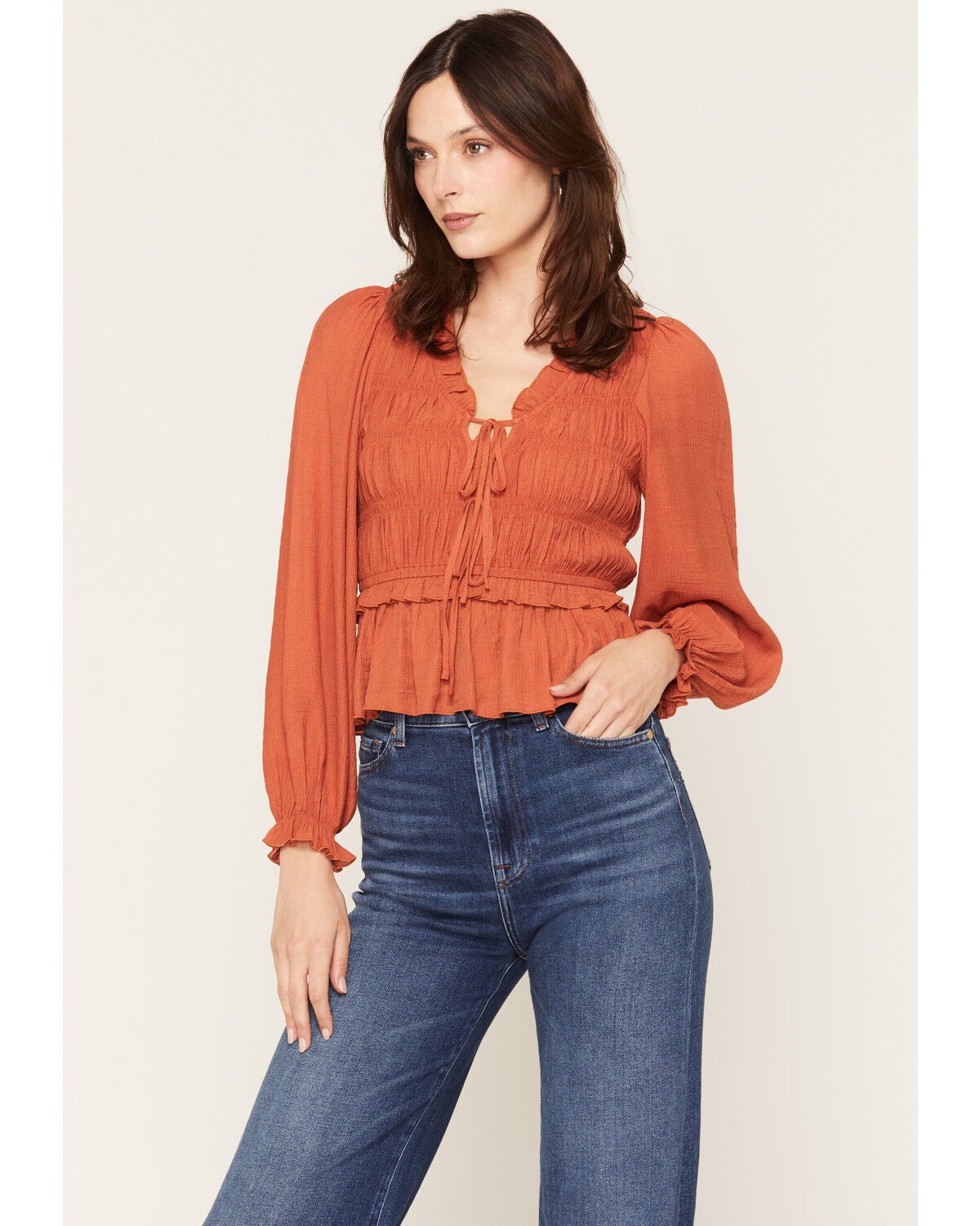 Yura Women's Solid Smocked Long Sleeve Tie-Front Shirt, Rust Copper, hi-res
