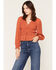 Image #1 - Yura Women's Solid Smocked Long Sleeve Tie-Front Shirt, Rust Copper, hi-res