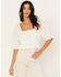 En Creme Women's Eyelet Ruffle Bottom Puff Short Sleeve Top, White, hi-res