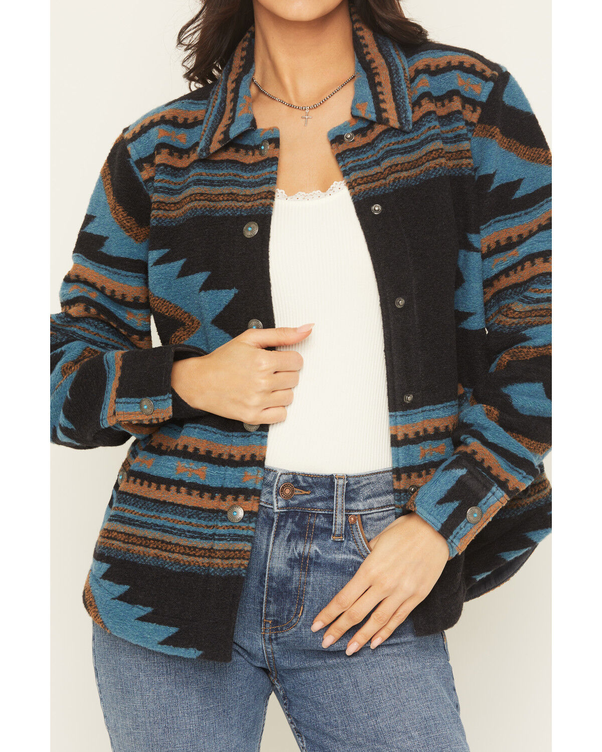 Image #3 - Shyanne Women's Southwestern Print Snap Shacket, Indigo, hi-res