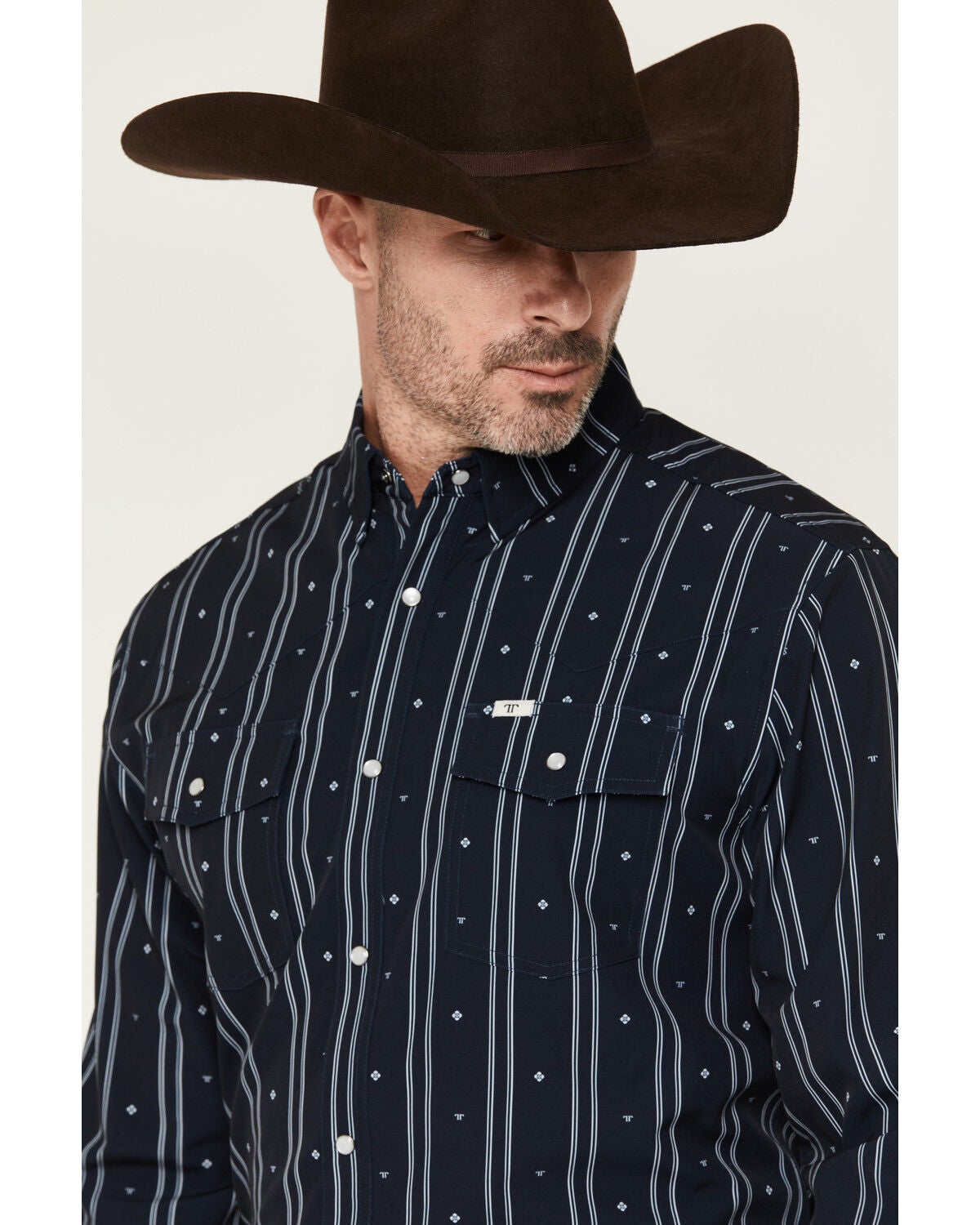 Image #2 - Ferrell Men's Chance Striped Print Long Sleeve Snap Stretch Western Shirt, Navy, hi-res