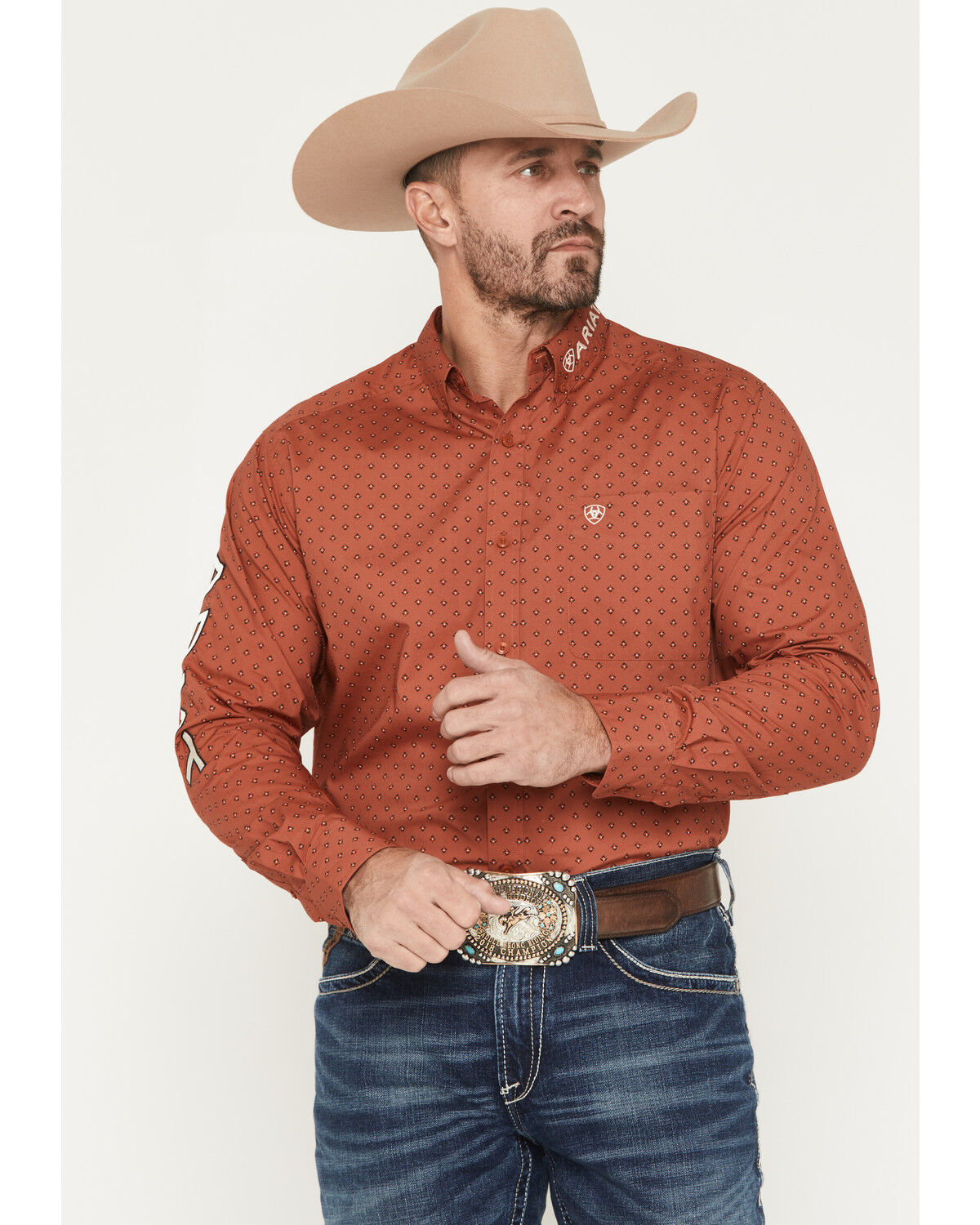 Image #1 - Ariat Men's Team Porter Geo Print Long Sleeve Button-Down Western Shirt, Rust Copper, hi-res