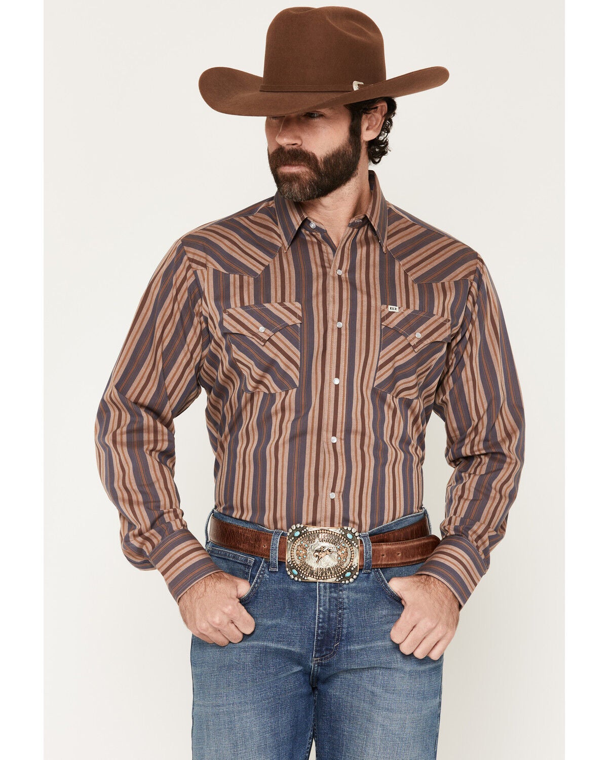 Image #1 - Ely Walker Men's Striped Long Sleeve Pearl Snap Western Shirt, Blue, hi-res