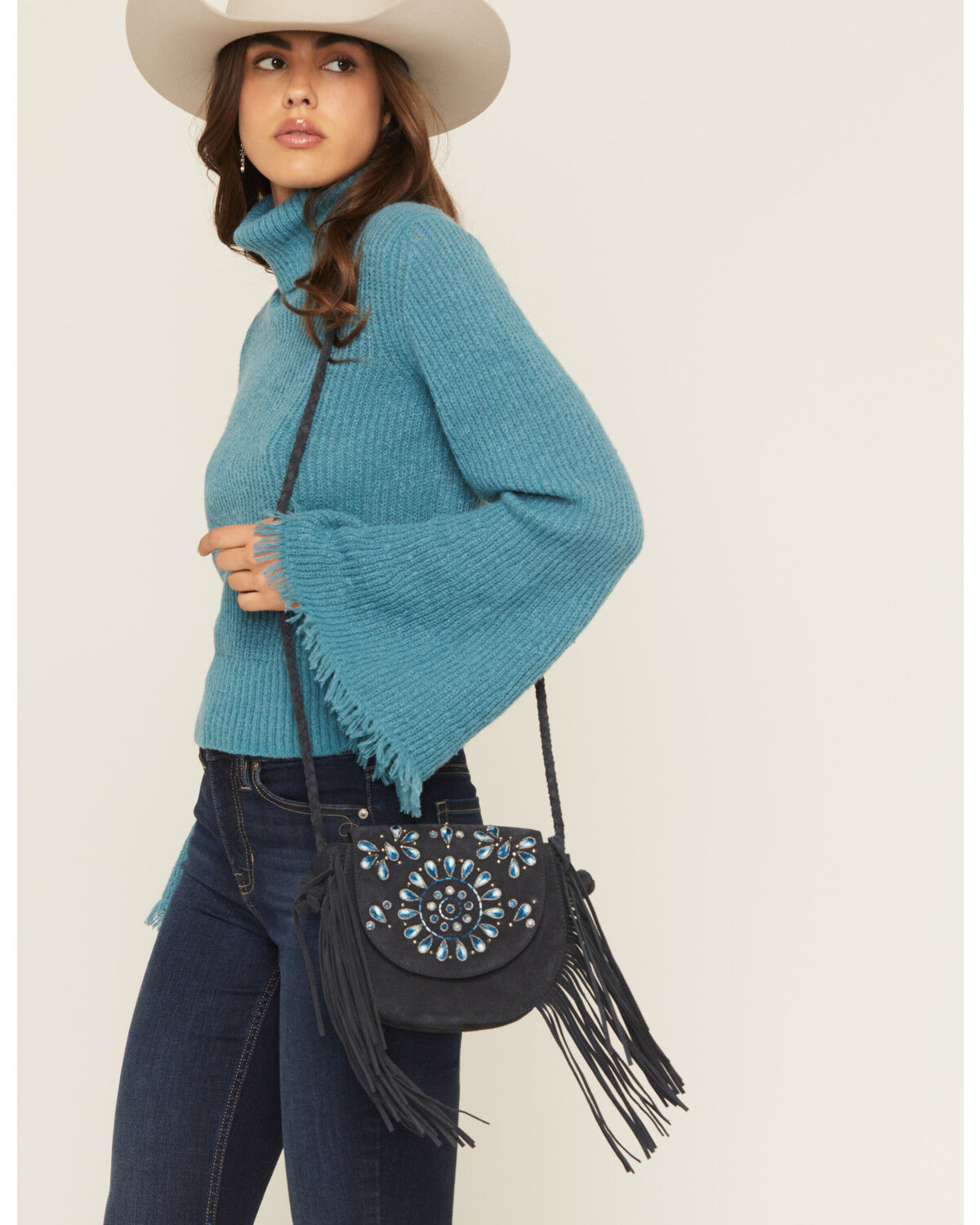 Image #1 - Shyanne Women's Belle Embroidered Fringe Suede Crossbody Bag, Navy, hi-res