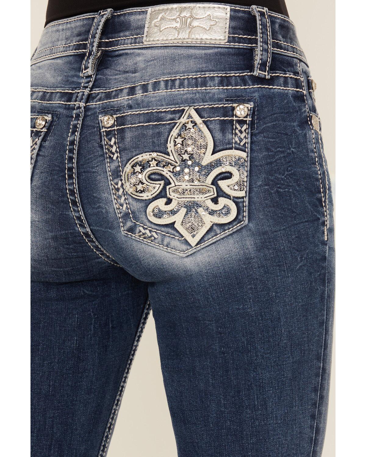 Image #2 - Miss Me Women's Medium Wash Mid Rise Fleur de Lis Pocket 32" Bootcut Stretch Denim Jeans, Medium Wash, hi-res