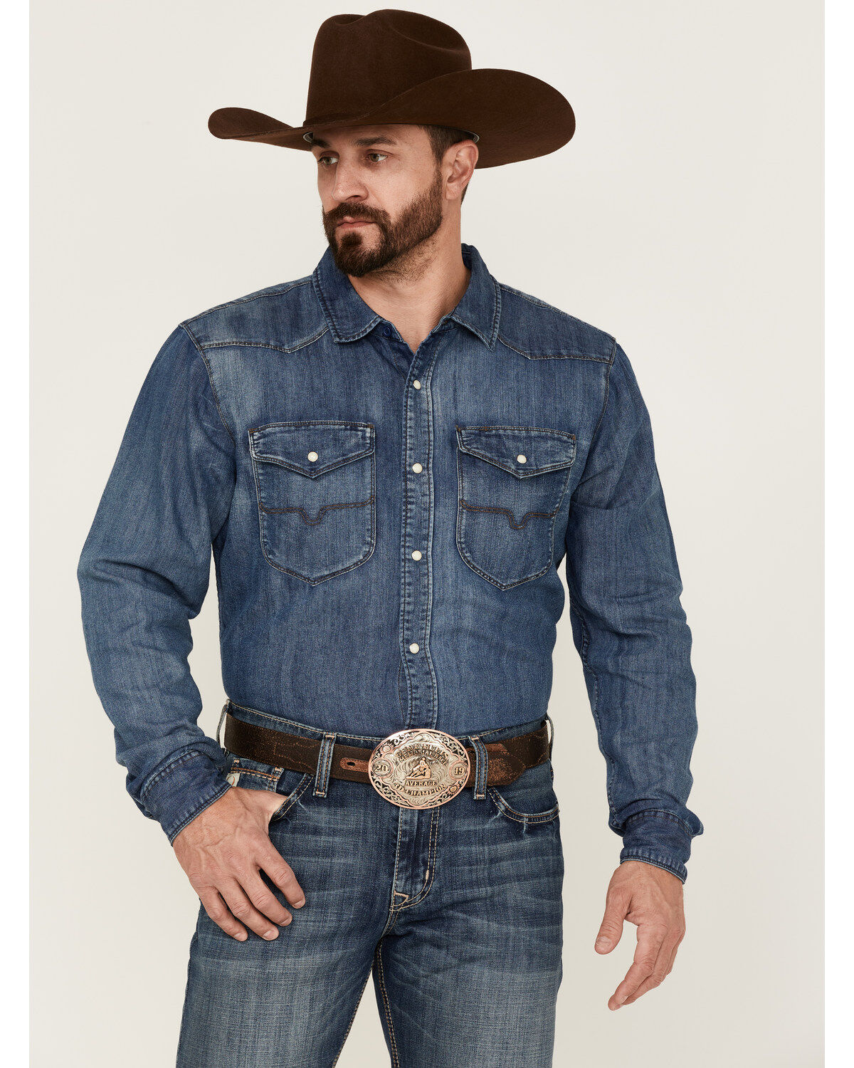 Image #1 - Kimes Ranch Men's Grimes Dark Indigo Wash Denim Long Sleeve Snap Western Shirt, , hi-res