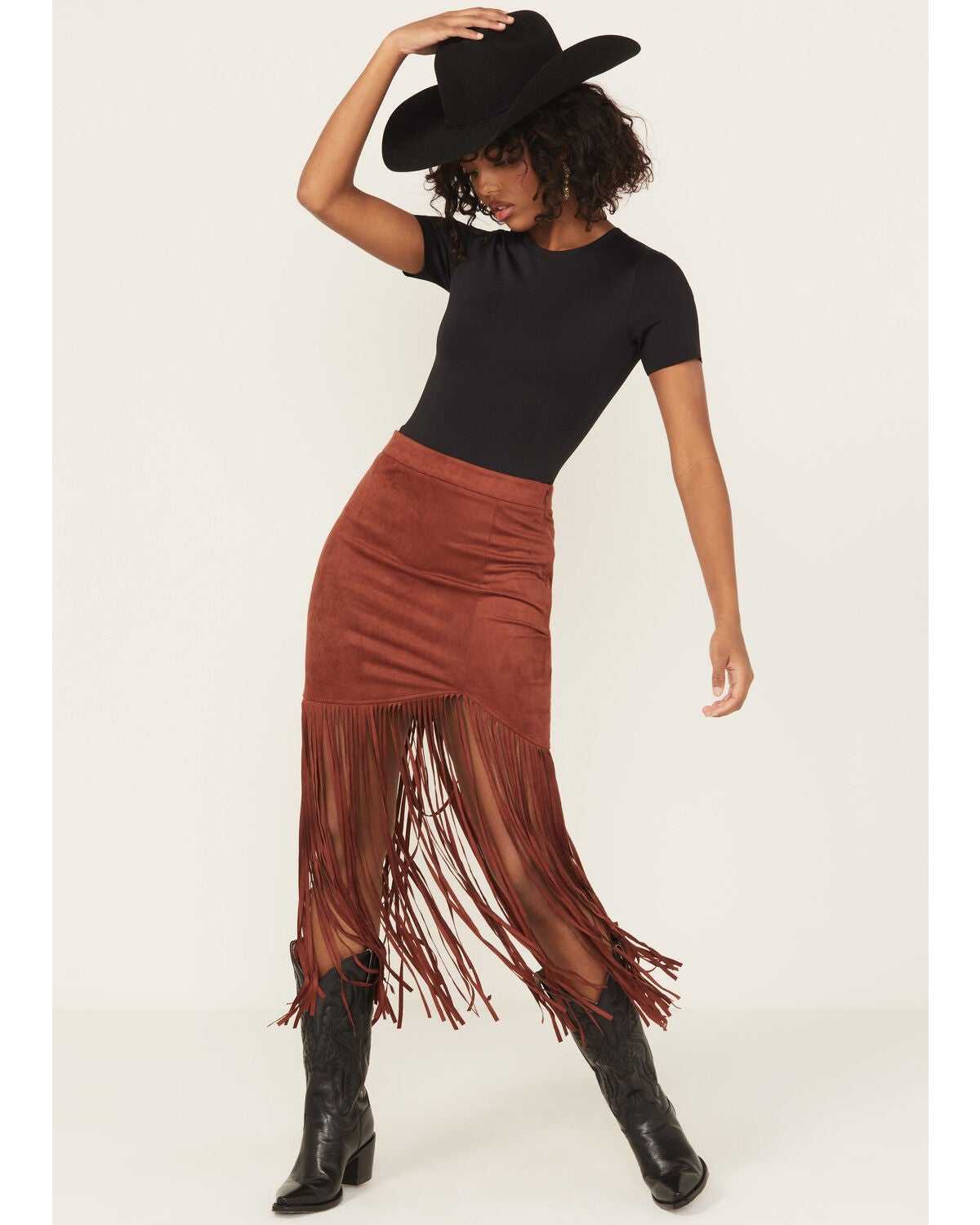 Image #1 - Shyanne Women's Faux Suede Fringe Mini Skirt, Mahogany, hi-res