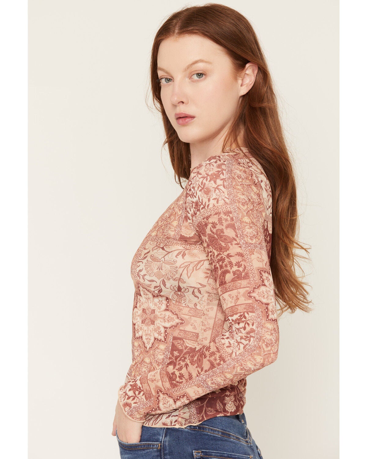 Image #2 - Trixxi Women's Bandana Print Long Sleeve Mesh Shirt, Rust Copper, hi-res