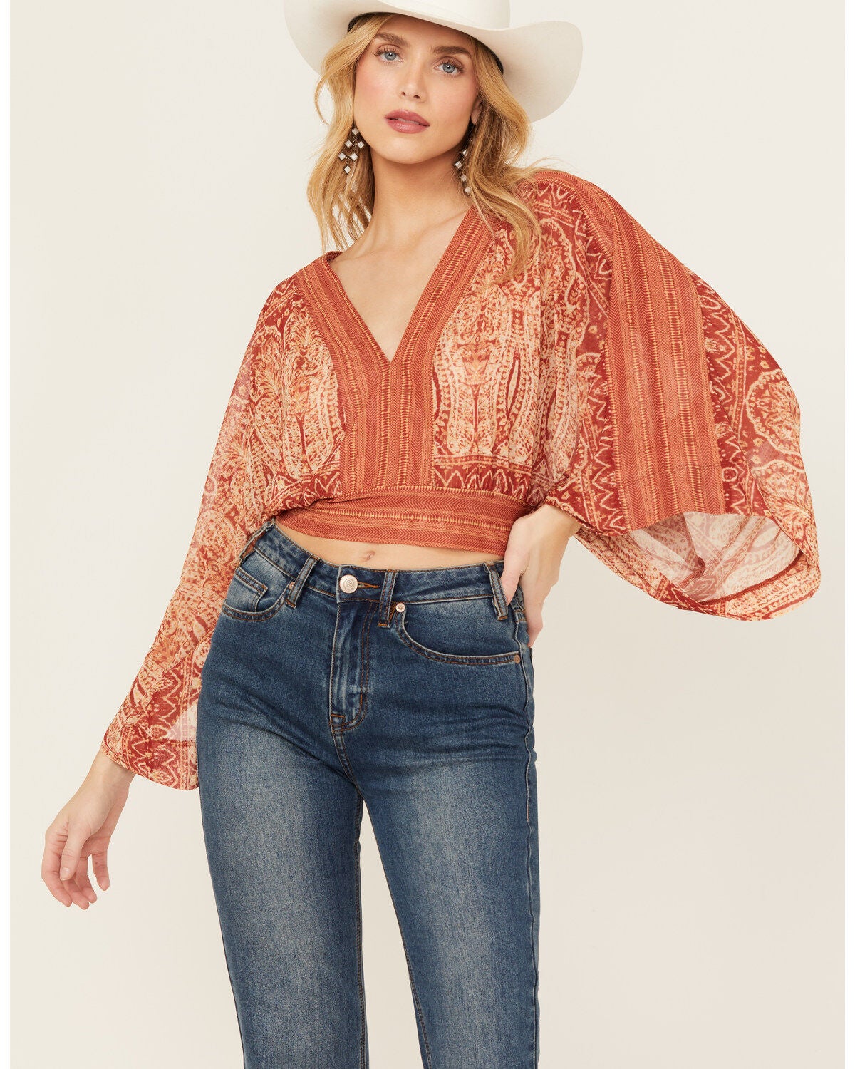 Beyond The Radar Women's Mesh Printed Long Sleeve Crop Top, Rust Copper, hi-res