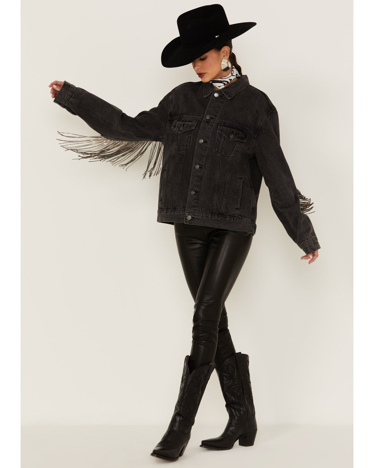 Image #4 - The Andy Jacket by DanielXDiamond: Women's Gray Denim Jacket With Gunmetal Fringe, Charcoal, hi-res