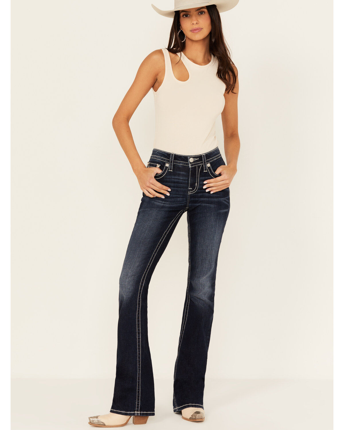 Image #3 - Miss Me Women's Dark Wash Mid Rise Dream Catcher Pocket Bootcut Stretch Denim Jeans, , hi-res