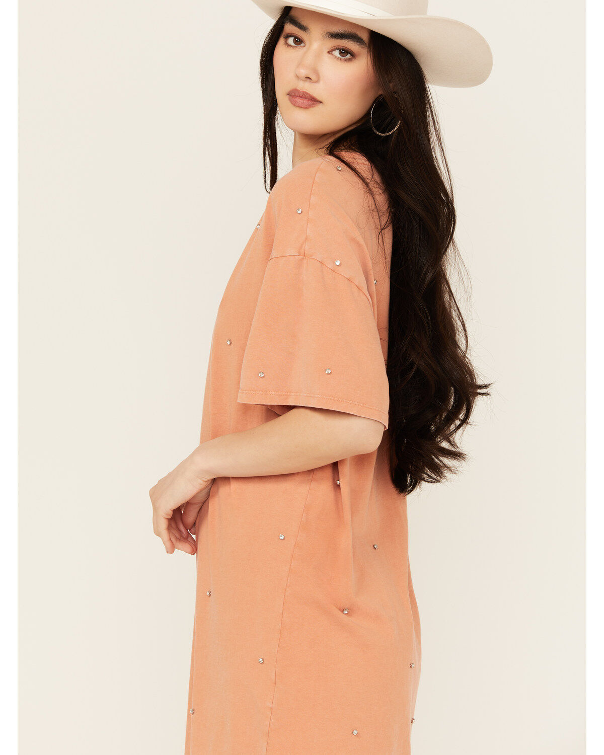 Image #2 - Rock & Roll Denim Women's Rhinestone Short Sleeve T-Shirt Mini Dress, Orange, hi-res
