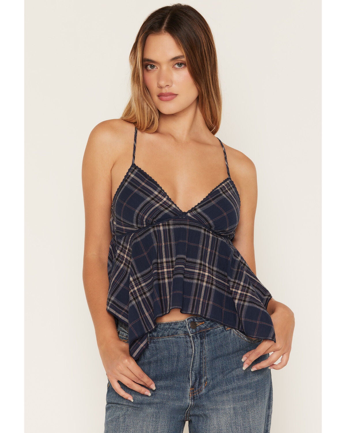 Cleo + Wolf Women's Plaid Print Hanky Hem Sleeveless Cami, Navy, hi-res