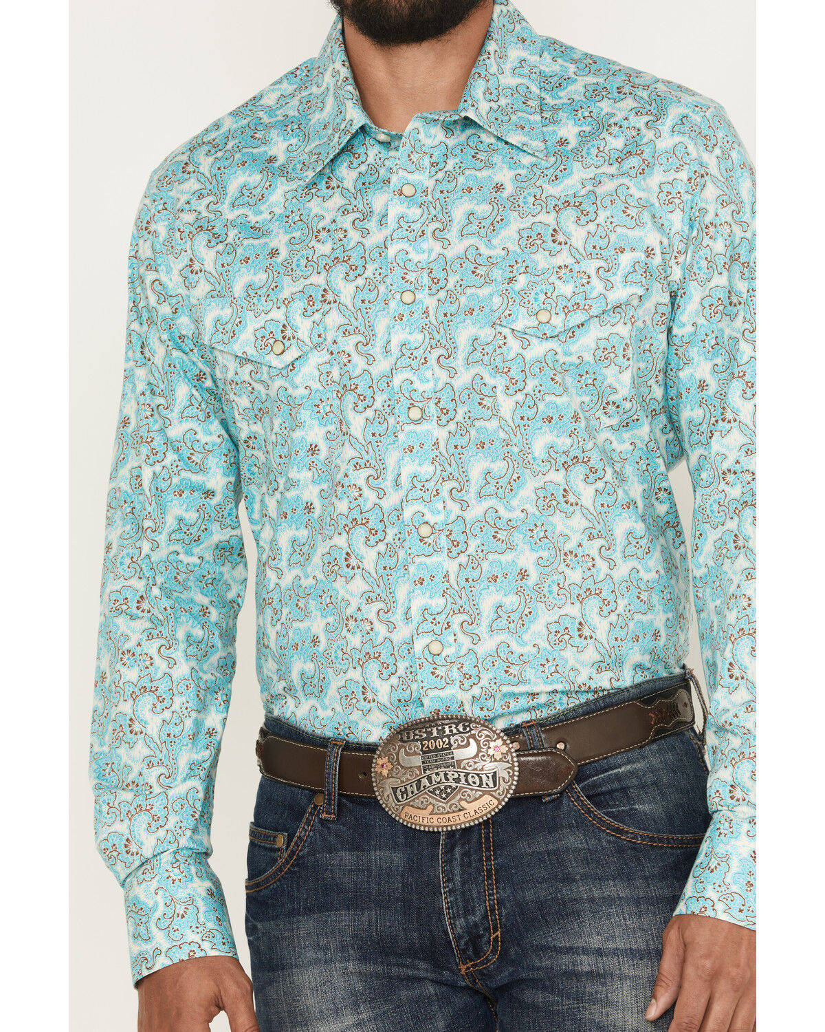 Image #3 - Rock & Roll Denim Men's Paisley Print Long Sleeve Snap Stretch Western Shirt, Turquoise, hi-res