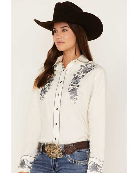 Image #2 - Rockmount Ranchwear Women's Cascading Embroidered Floral Print Long Sleeve Western Shirt, Ivory, hi-res
