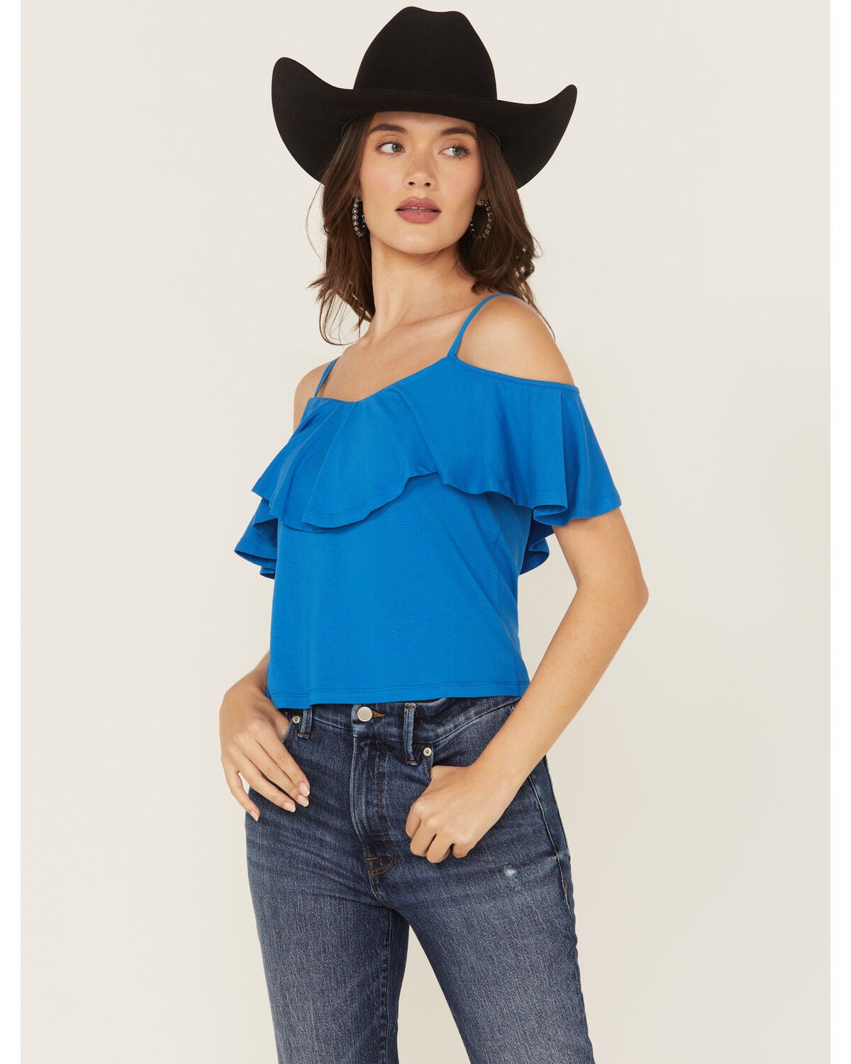 Shyanne Women's Cold Shoulder Ruffle Tank Top, Medium Blue, hi-res
