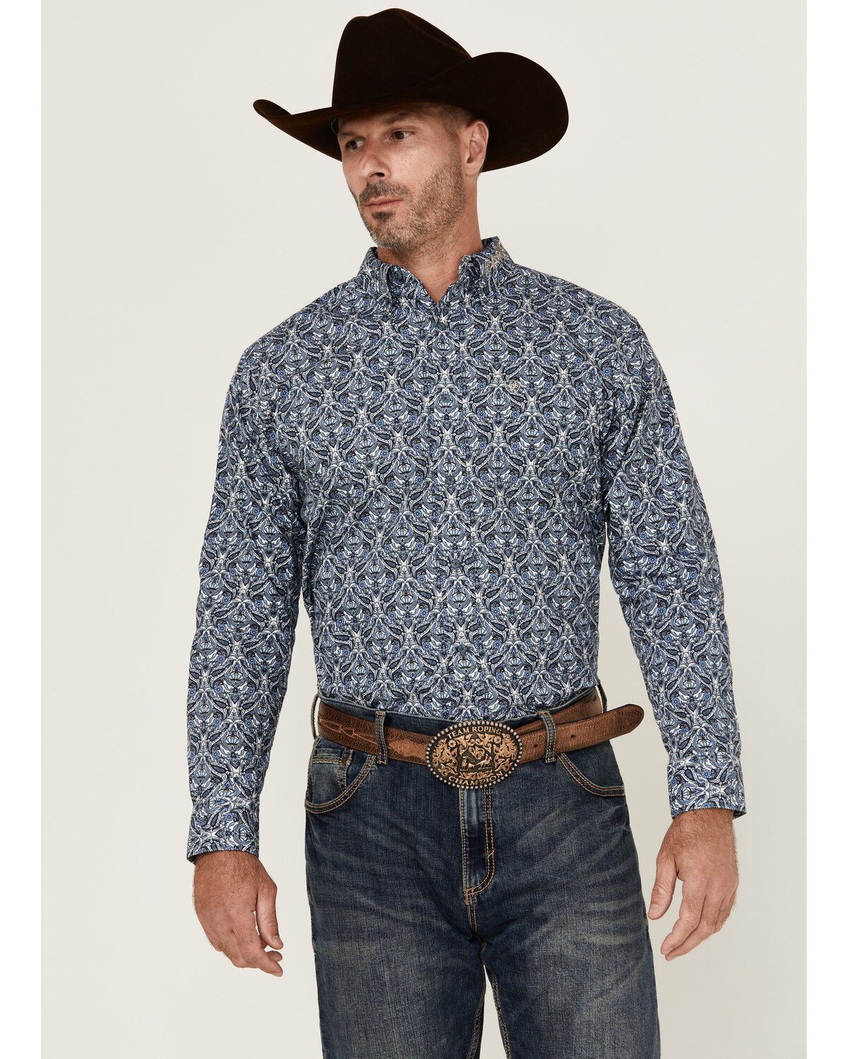 Image #1 - Ariat Men's Team Orlando Medallion Print Logo Long Sleeve Button-Down Western Shirt, Blue, hi-res