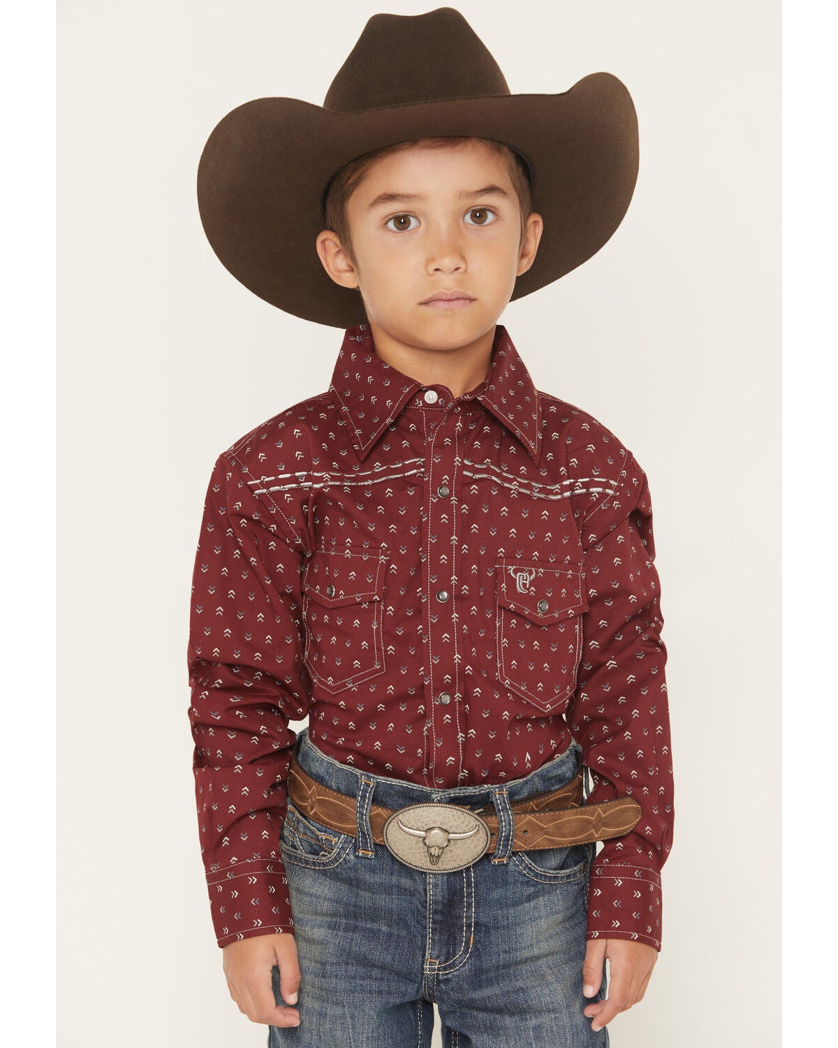 Cowboy Hardware Boys' Geo Print Long Sleeve Pearl Snap Stretch Western Shirt, Burgundy, hi-res