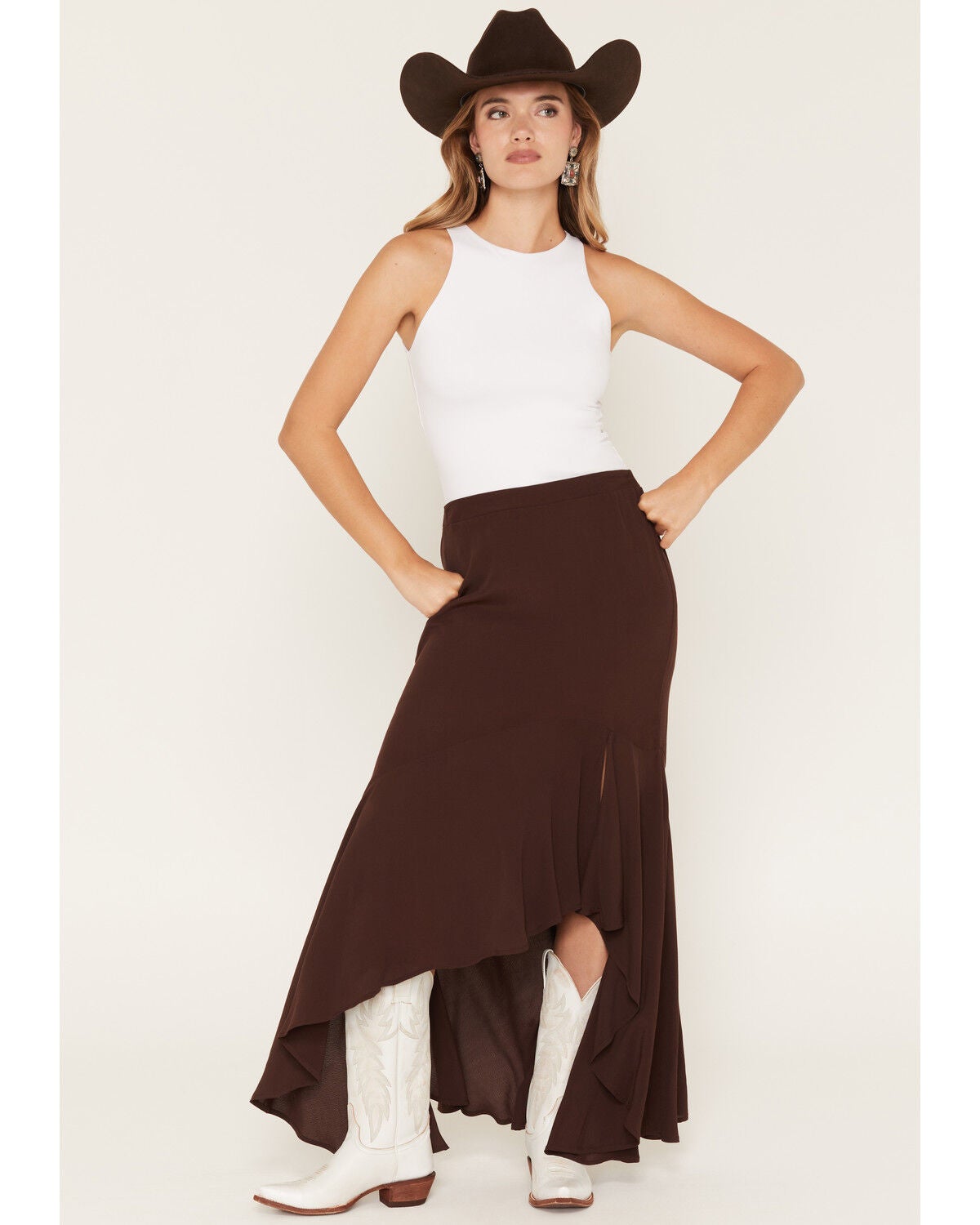 Wild Moss Women's Solid High-Low Skirt, Brown, hi-res