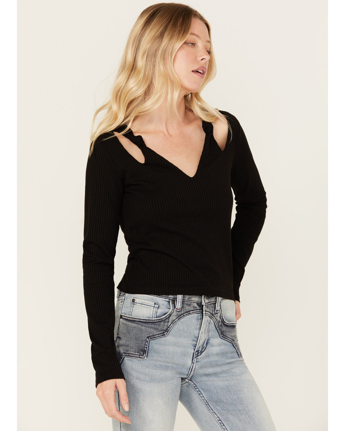Image #3 - Miss Me Women's Boot Barn Exclusive Solid Long Sleeve Knit Top, Black, hi-res