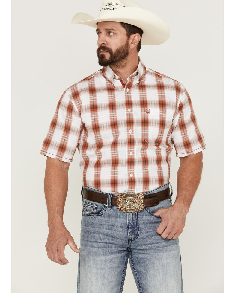 Rough Stock By Panhandle Men's Orange Windowpaine Plaid Short Sleeve Button-Down Western Shirt , Orange, hi-res