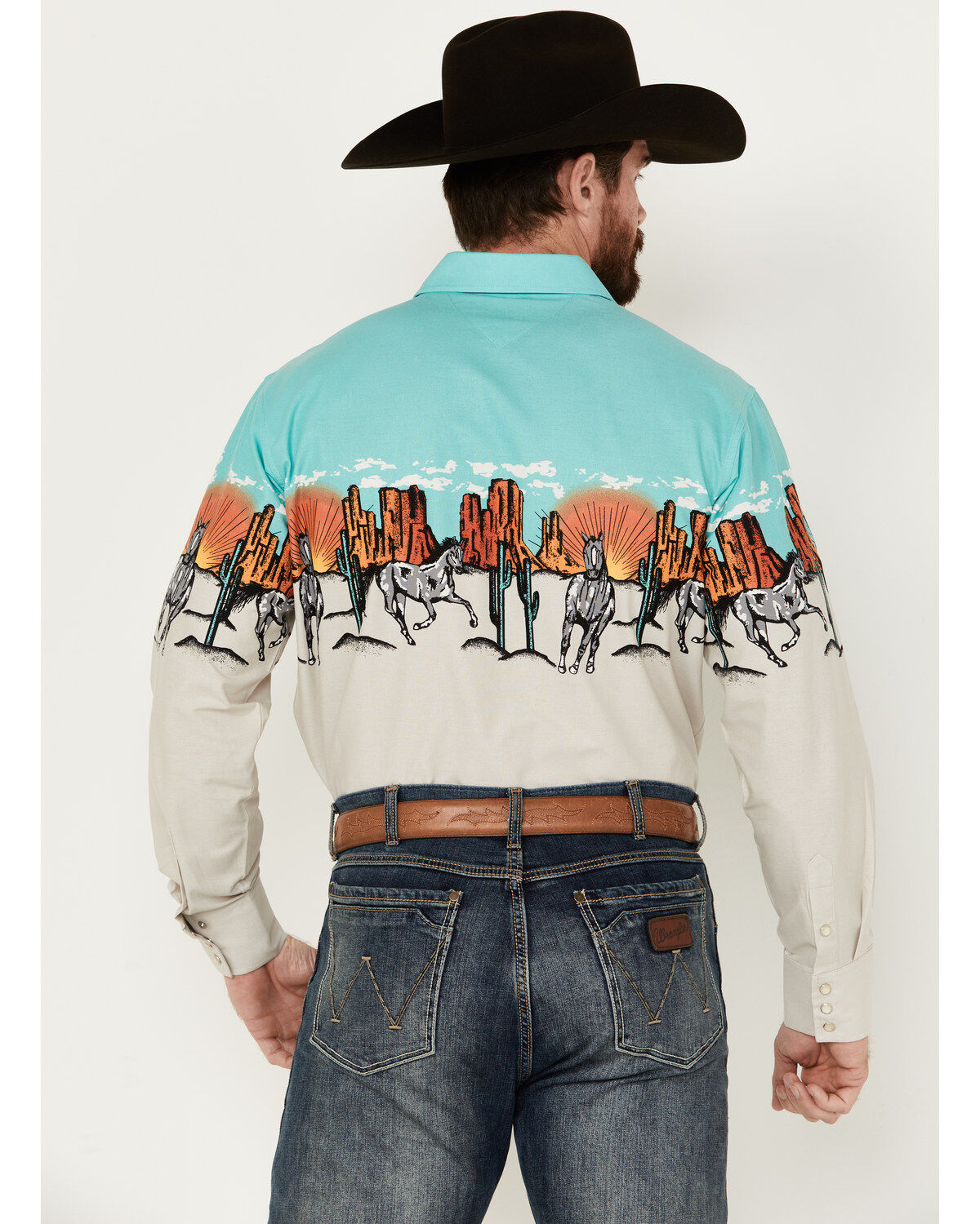 Image #4 - Panhandle Men's Desert Border Long Sleeve Pearl Snap Western Shirt, Turquoise, hi-res