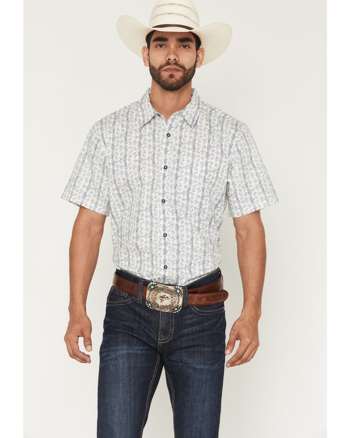 Gibson Trading Co Men's Jasper Floral Striped Short Sleeve Button-Down Western Shirt, Ivory, hi-res