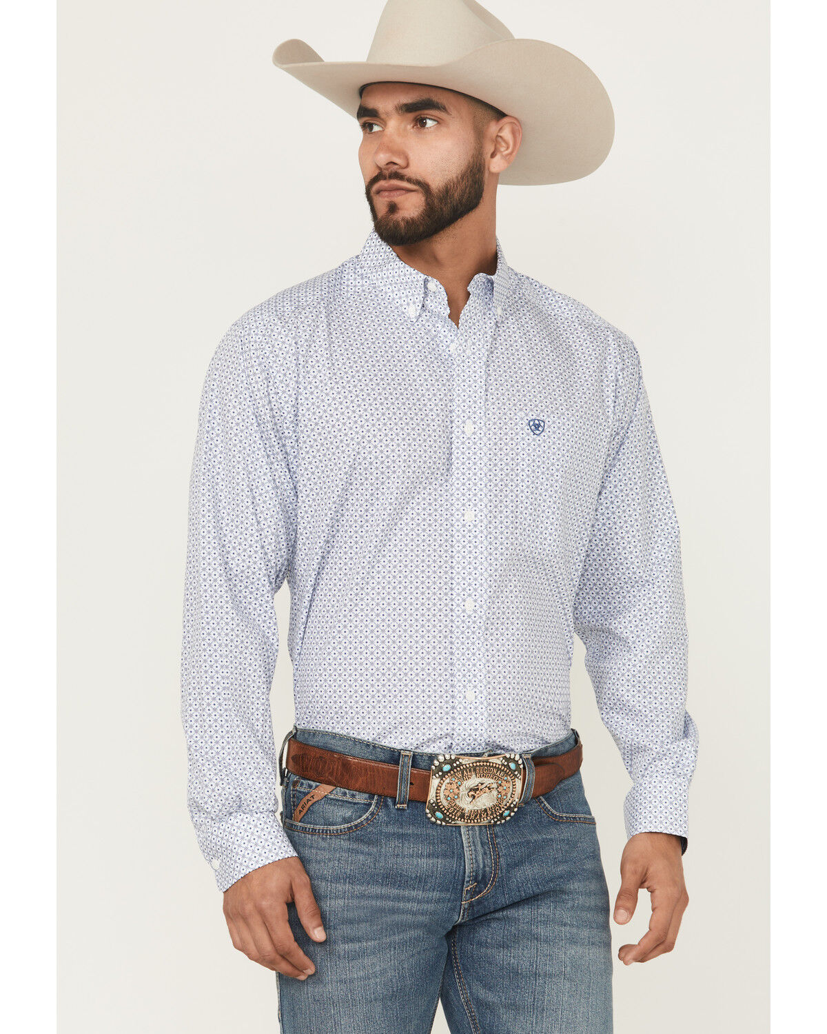 Image #1 - Ariat Men's Danny Wrinkle Free Geo Print Long Sleeve Button-Down Western Shirt - Big, Blue, hi-res