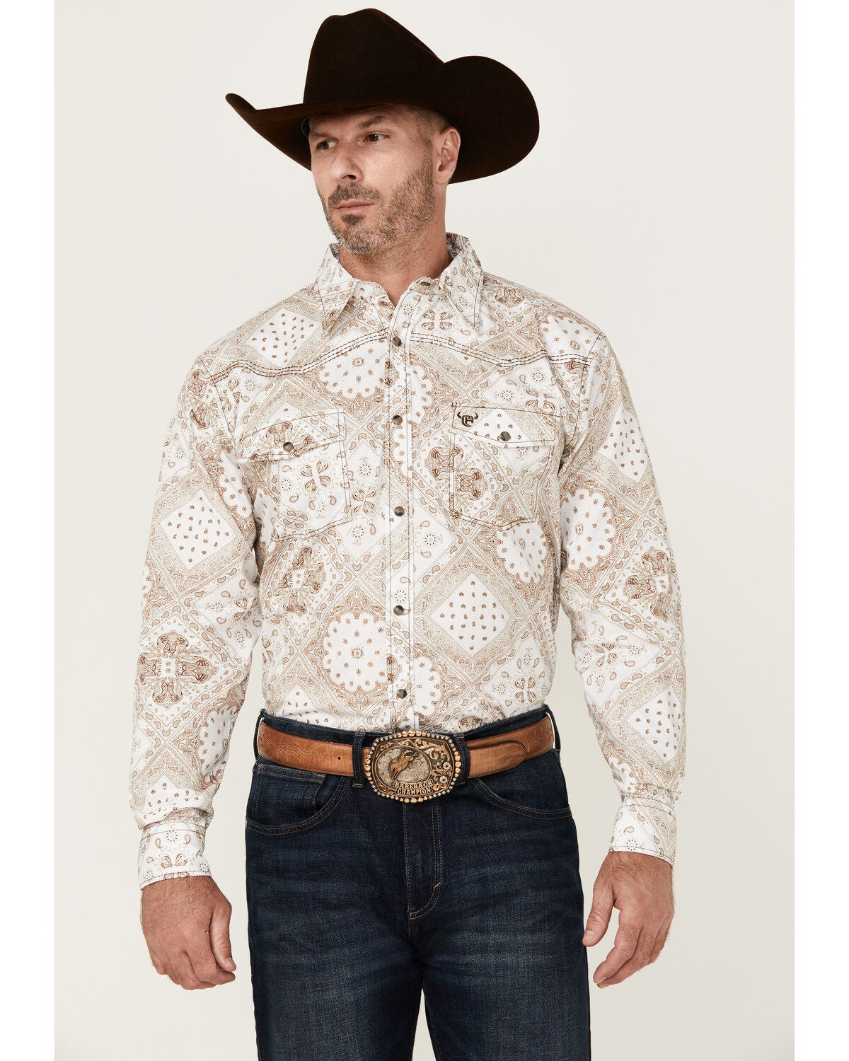 Cowboy Hardware Men's Bandana Print Long Sleeve Snap Western Shirt, Tan, hi-res