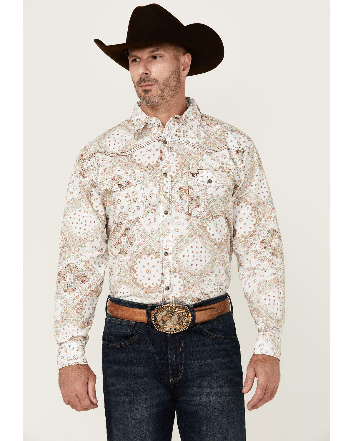 Image #1 - Cowboy Hardware Men's Bandana Print Long Sleeve Snap Western Shirt, Tan, hi-res