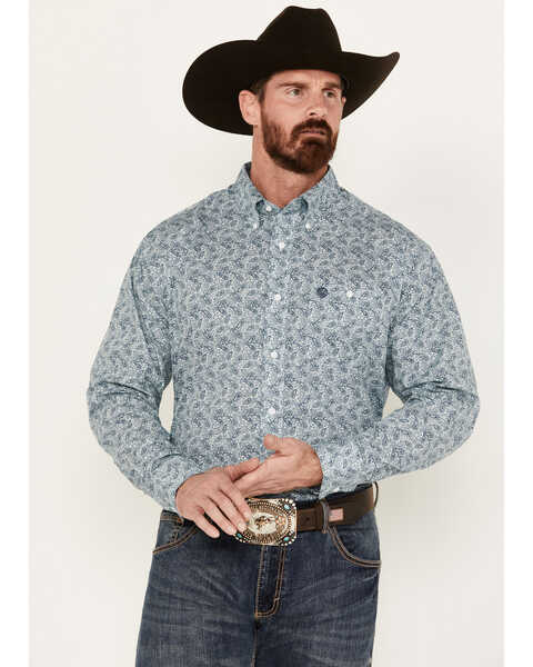 George Strait by Wrangler Men's Paisley Print Long Sleeve Button-Down Western Shirt , Aqua, hi-res