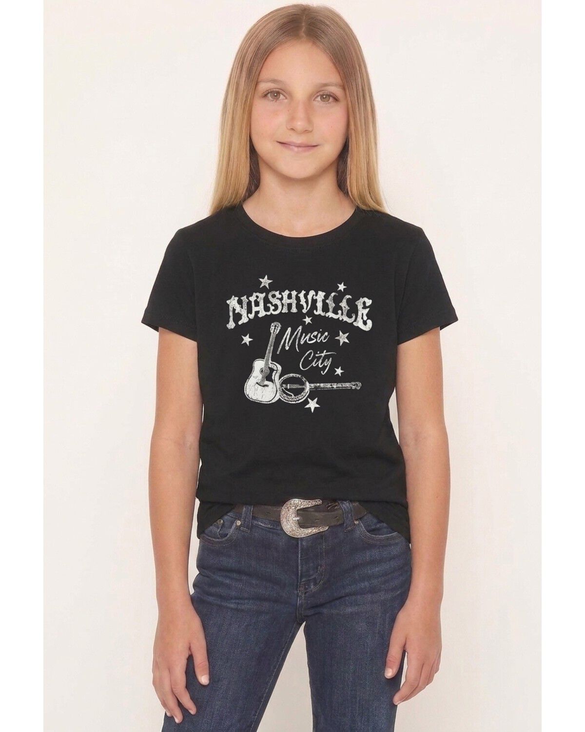 Image #1 - Americana Girls' Nashville Short Sleeve Graphic Tee, Black, hi-res