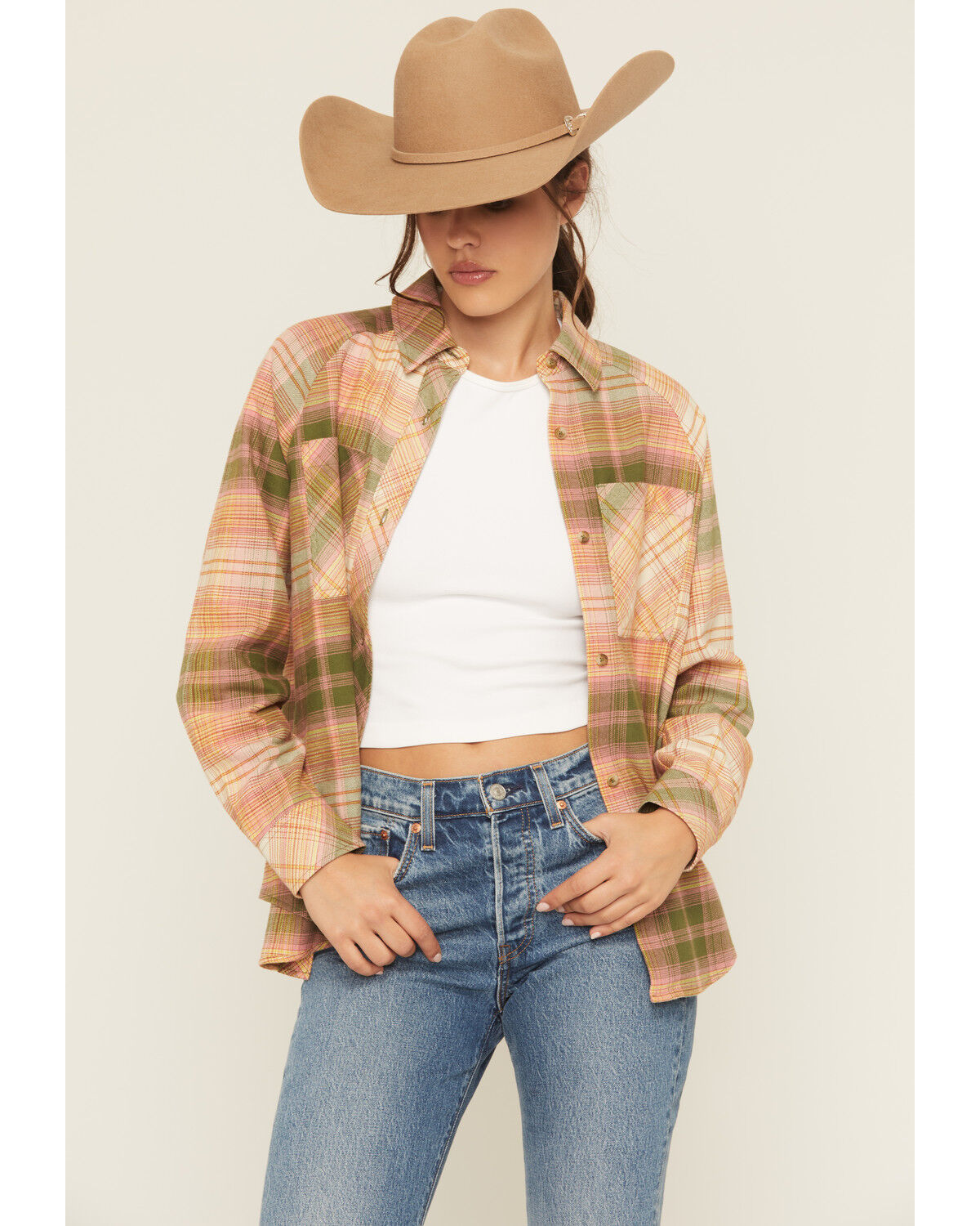 Image #1 - Cleo + Wolf Women's Plaid Print Long Sleeve Button-Down Flannel Shirt, Pink, hi-res