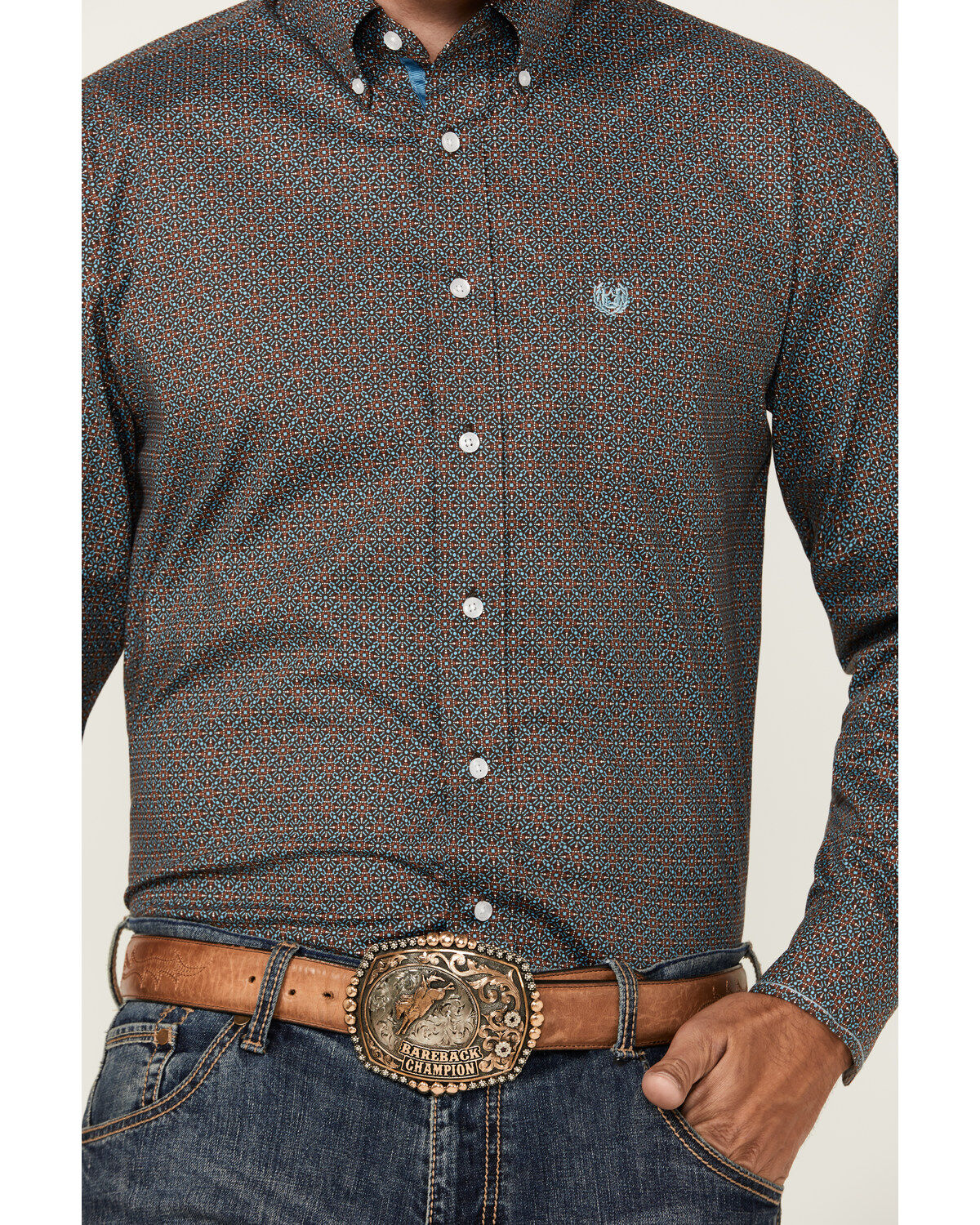Image #3 - Rough Stock by Panhandle Men's Geo Print Long Sleeve Button-Down Stretch Western Shirt, Brown, hi-res