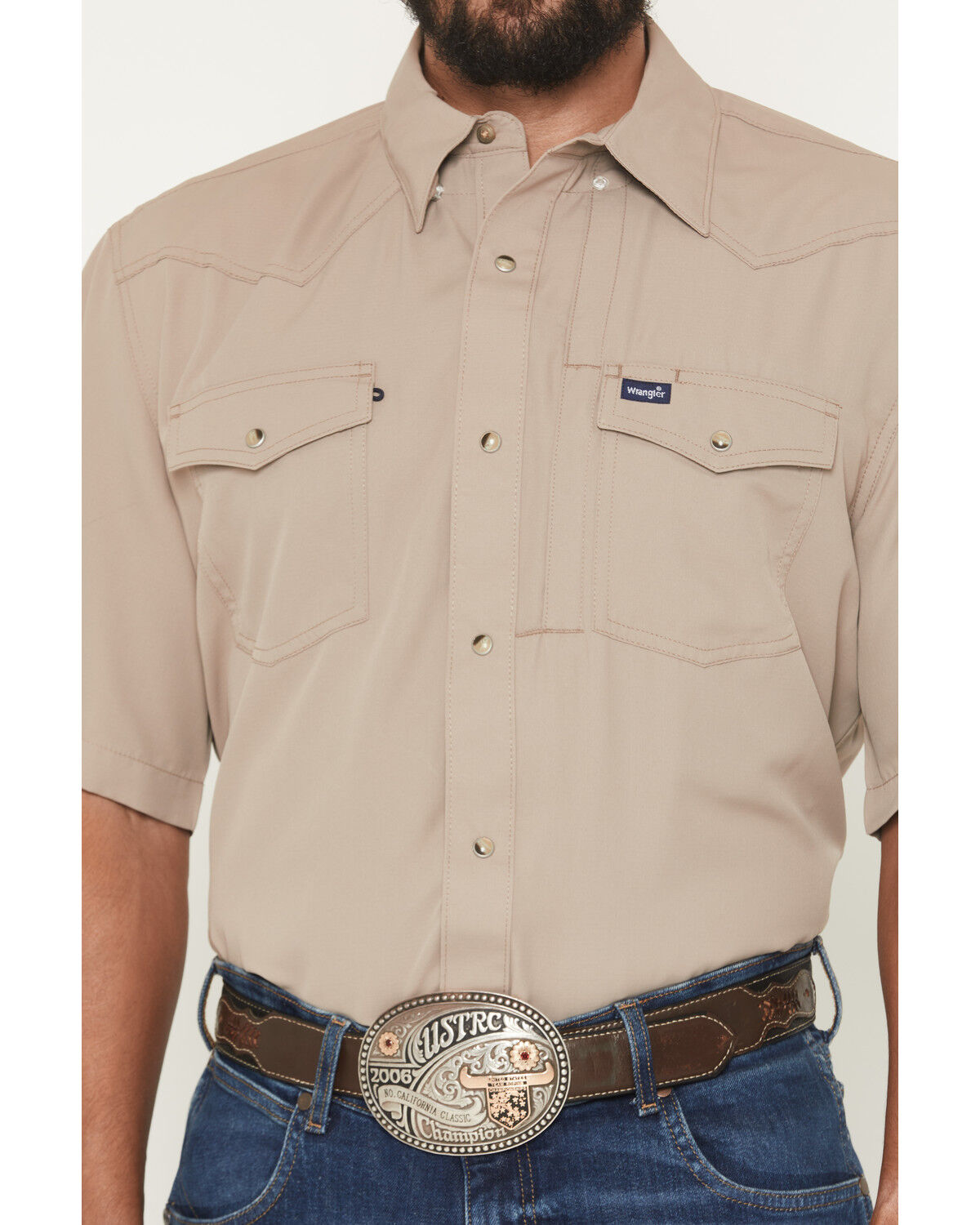 Image #3 - Wrangler Men's Solid Short Sleeve Snap Performance Western Shirt, Tan, hi-res