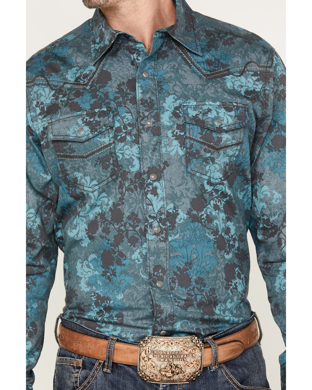 Image #3 - Wrangler Rock 47 Men's Floral Print Long Sleeve Snap Western Shirt, Teal, hi-res