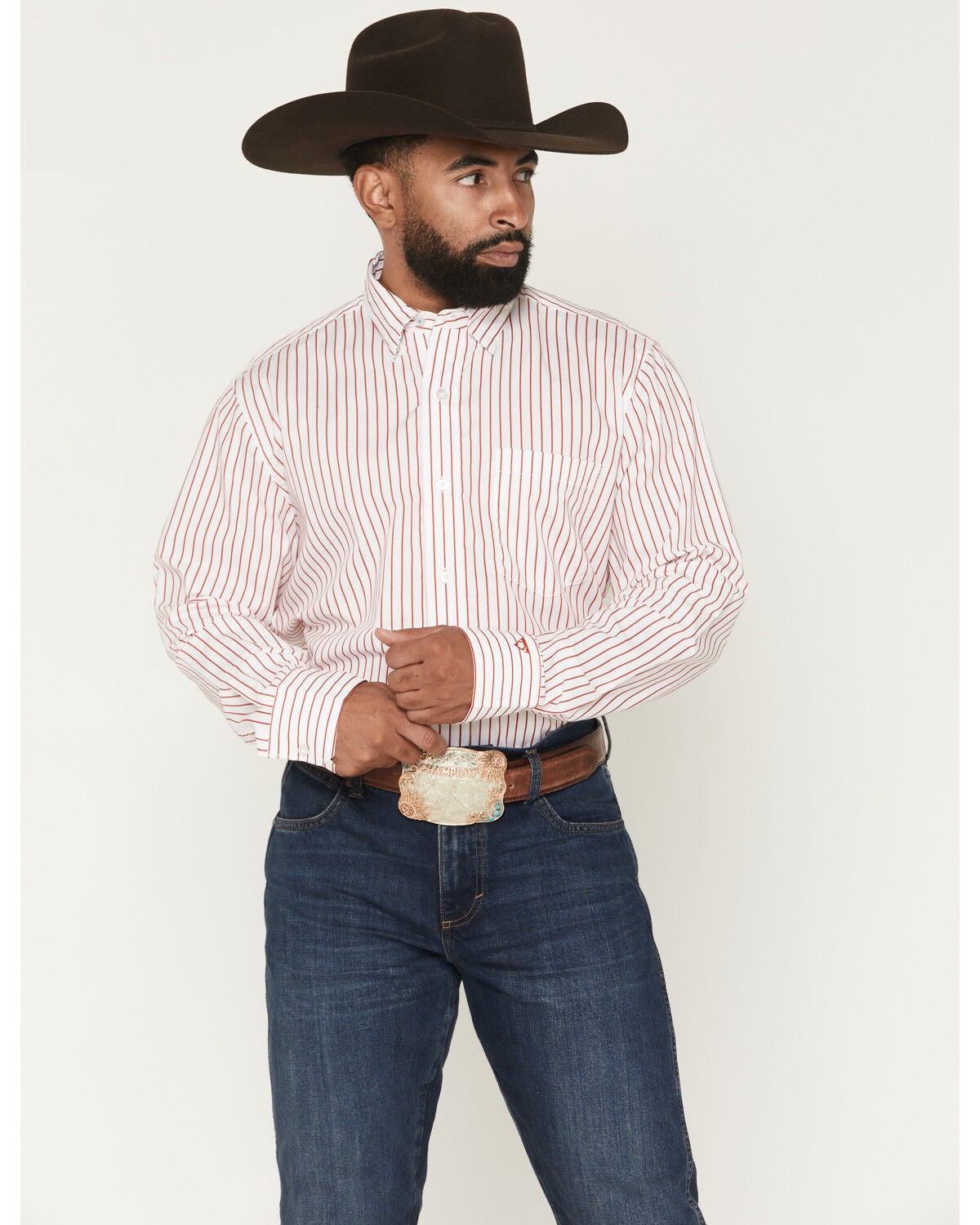 Wrangler X Cody Johnson Men's Striped Long Sleeve Button-Down Western Shirt, White, hi-res